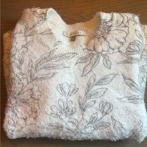 DownEast White Crewneck Sweater with Gray Floral Sketch